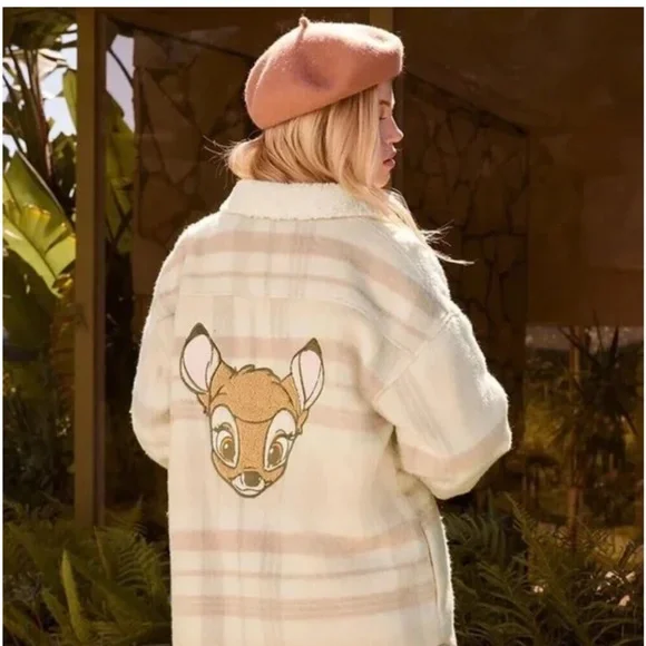 Disney x Forever 21 Cream and Pink Sherpa Bambi Flannel Jacket Sz S.